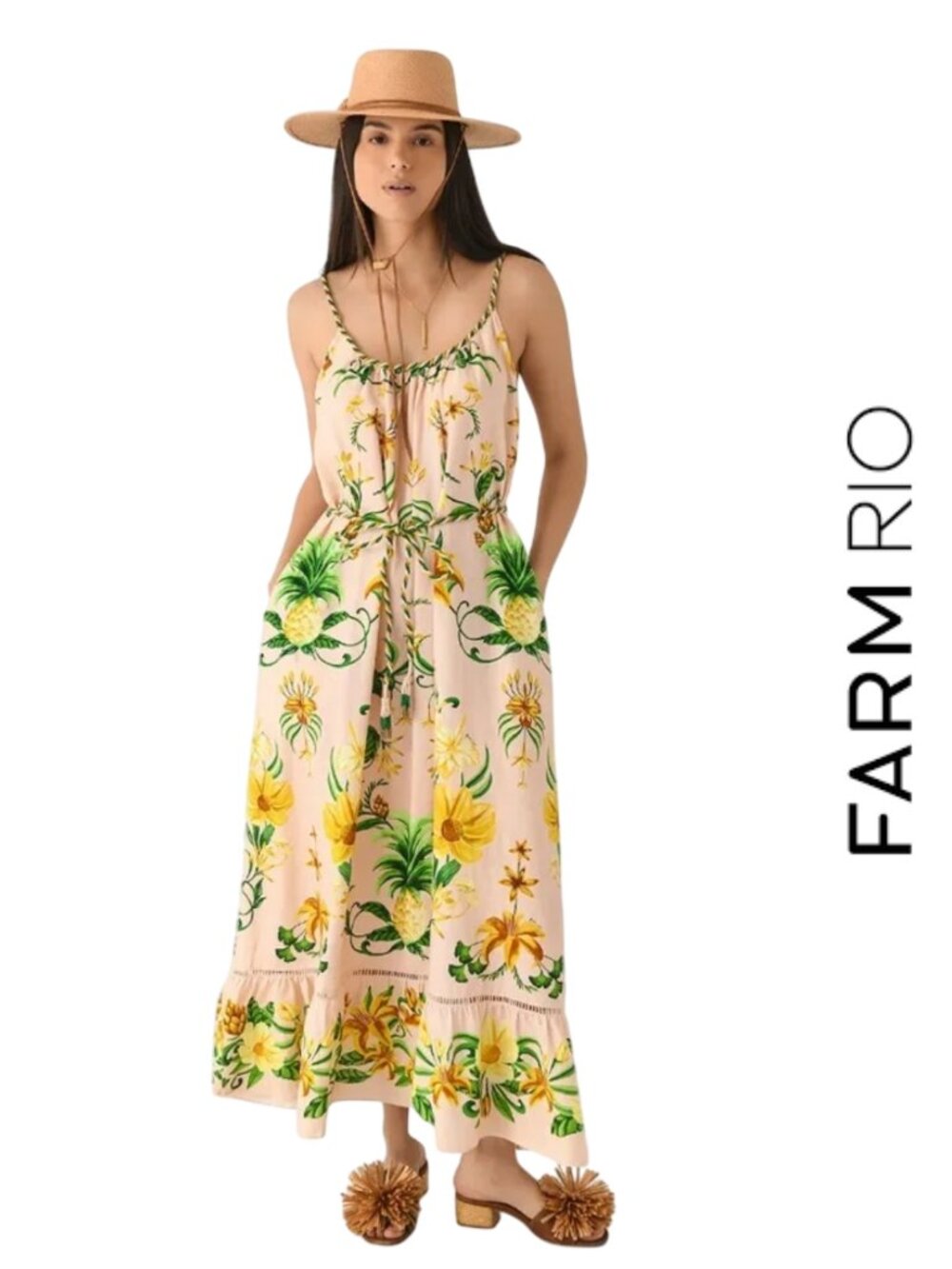 FARM Rio Botanical Beauty Pink Floral Maxi Dress Linen Blend Size L